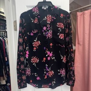 Express Black Button-Down Blouse with Pink Floral Print